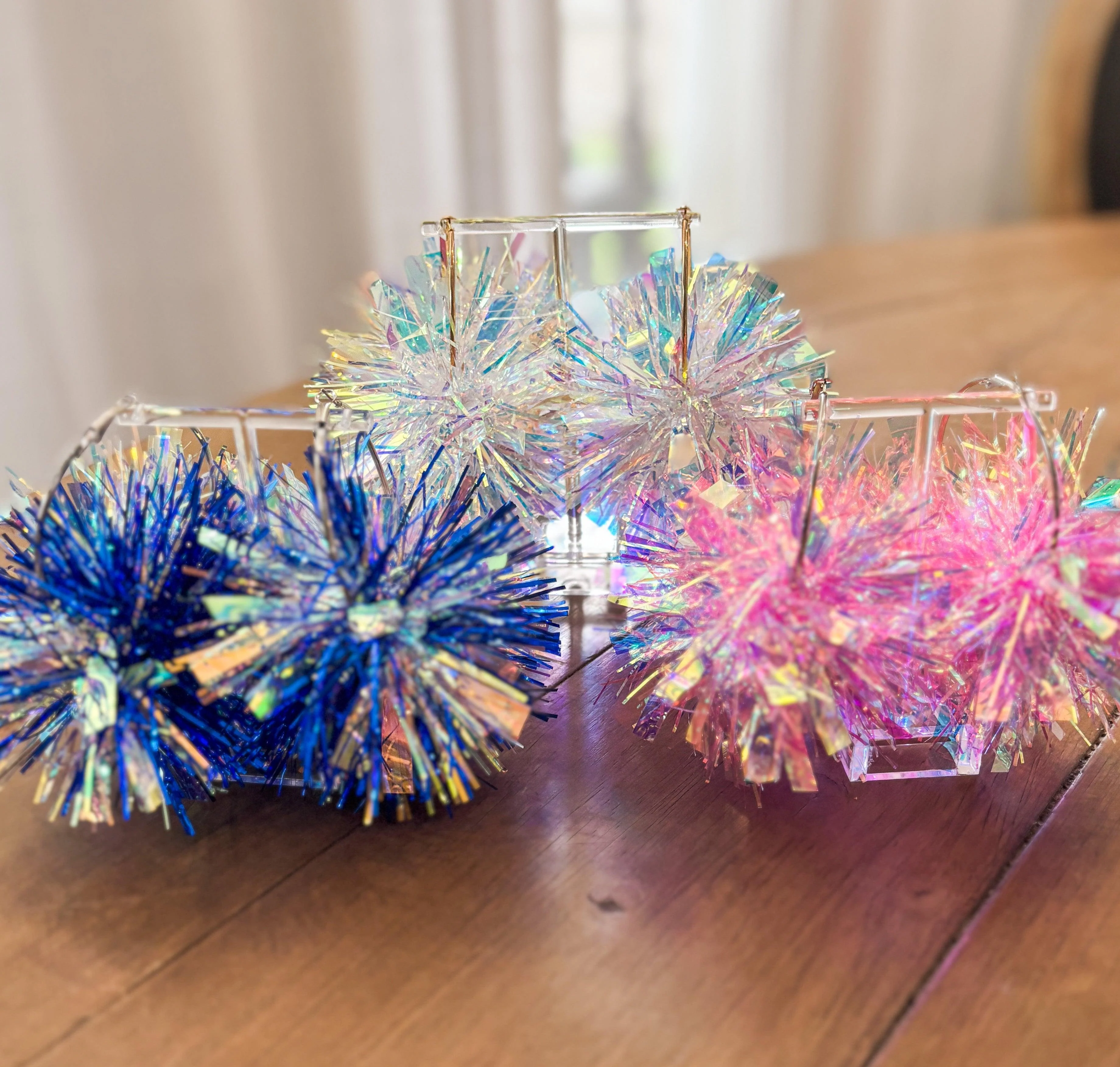 Blue and White Pompom Game day Earrings - Image 3