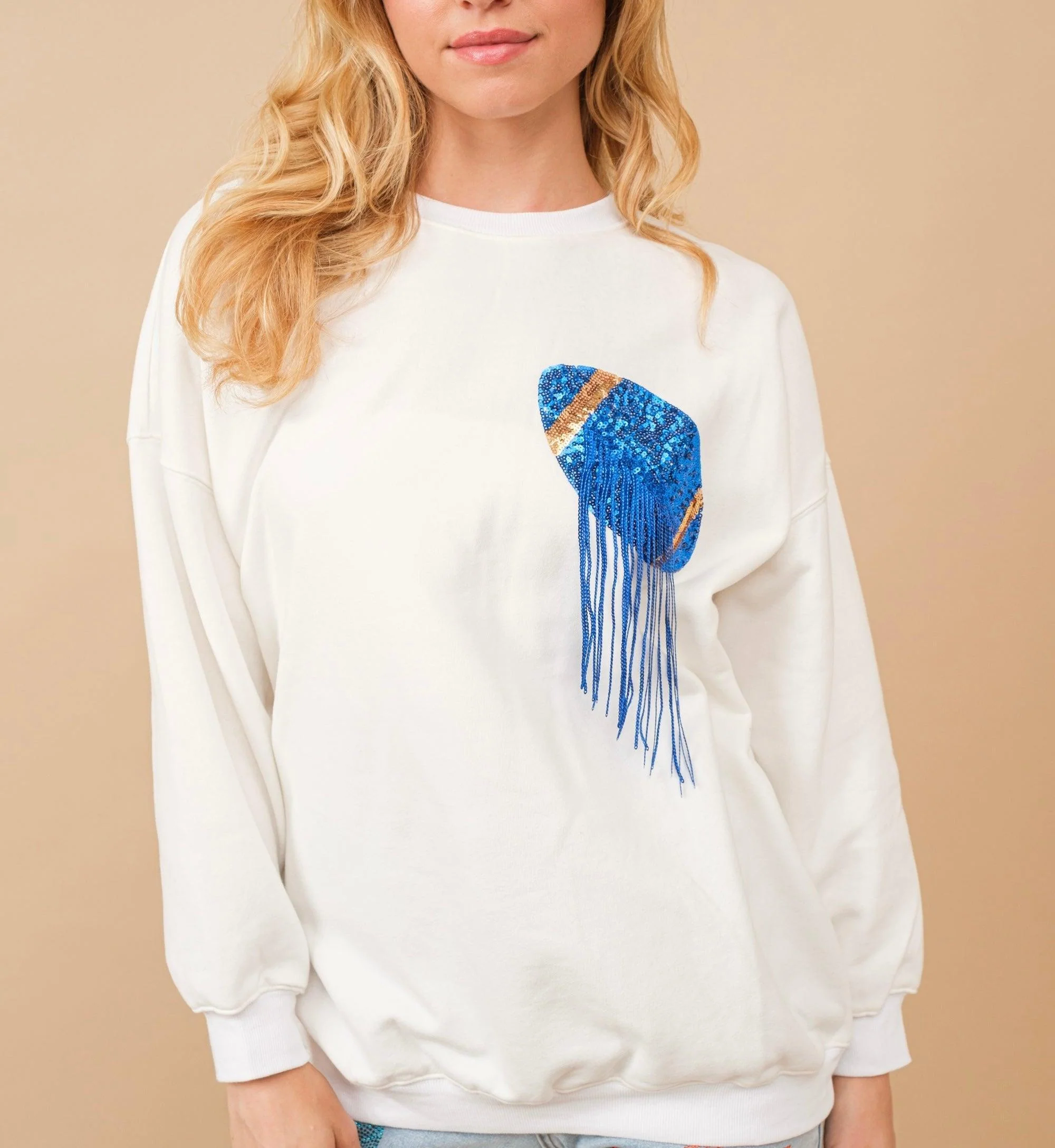 Blue Sequin Football Fringe Cozy Sweater - Image 3