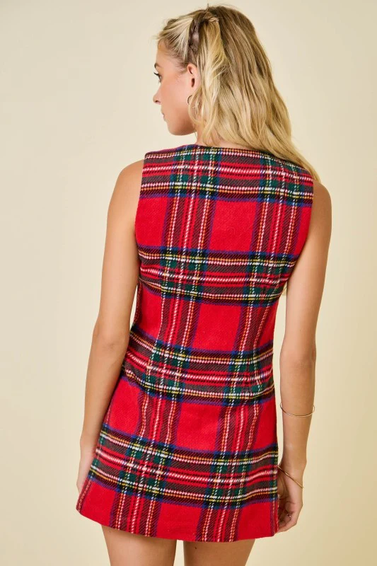 Christmas Plaid Tweed Dress with Gold Buttons - Image 5