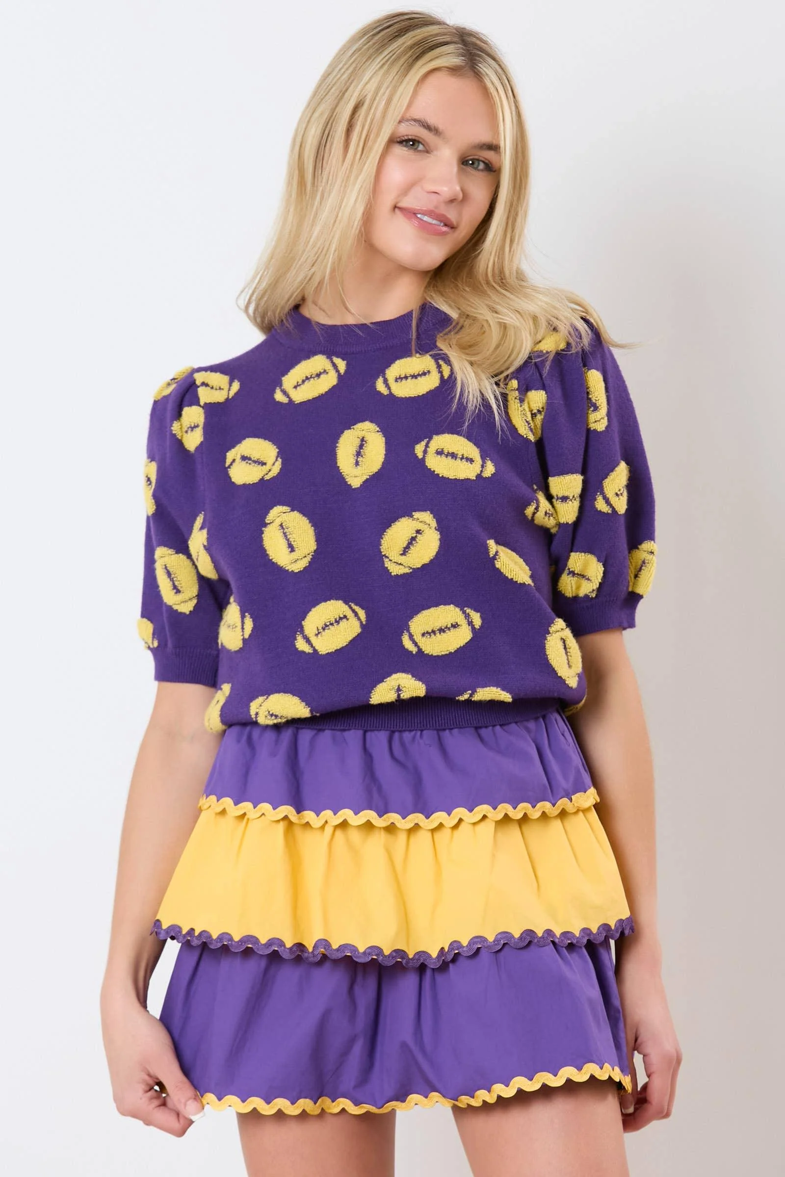 Football Embroidery Puff Sleeve Purple Sweater - Image 3