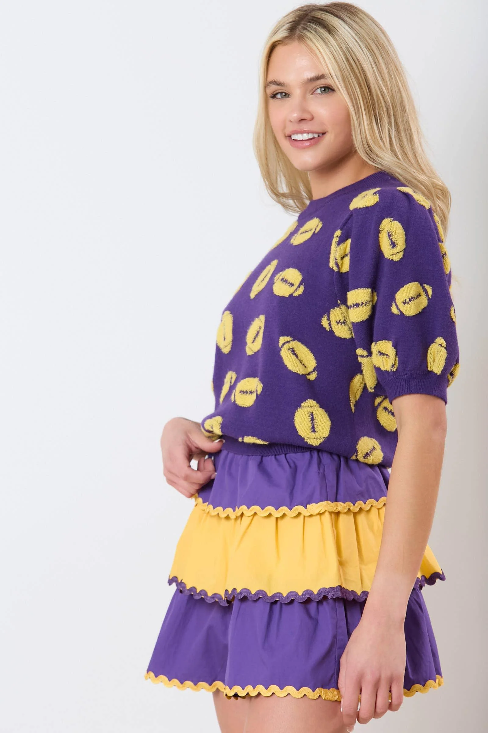 Football Embroidery Puff Sleeve Purple Sweater - Image 4