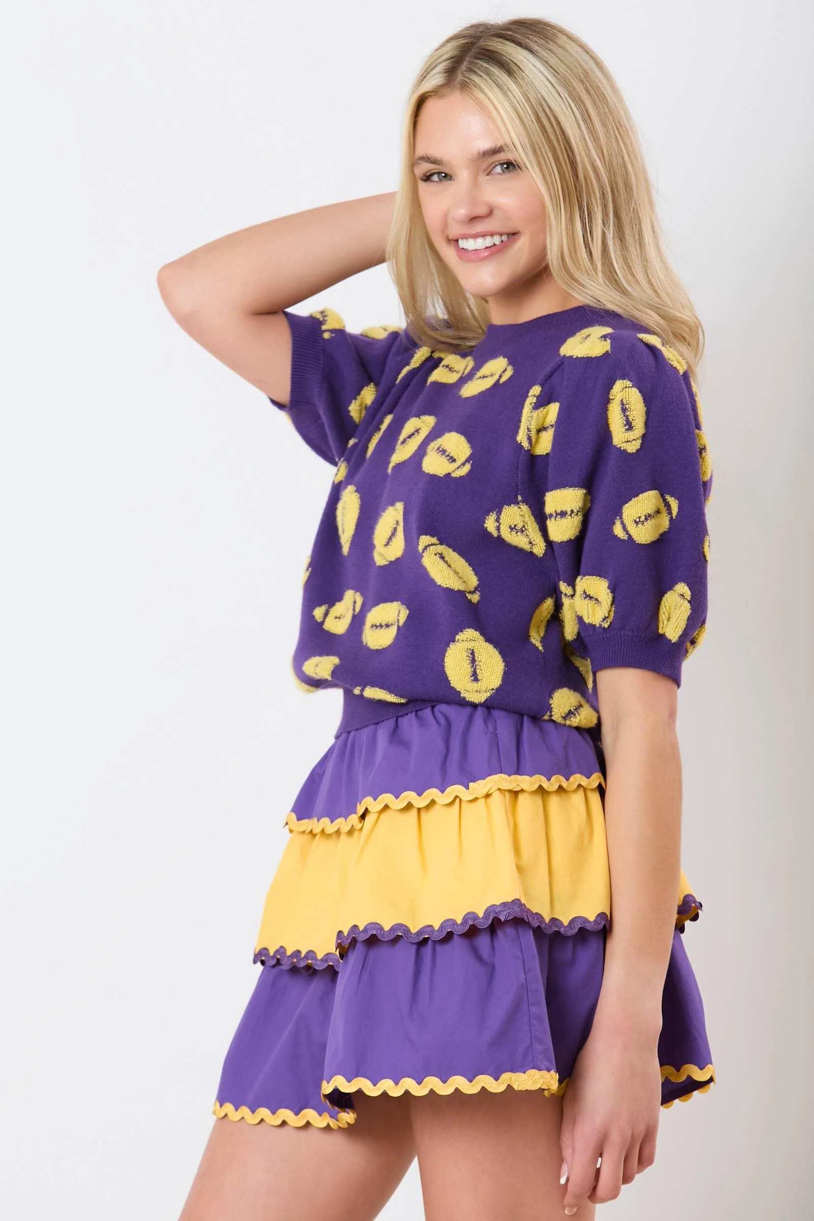 Football Embroidery Puff Sleeve Purple Sweater - Image 5