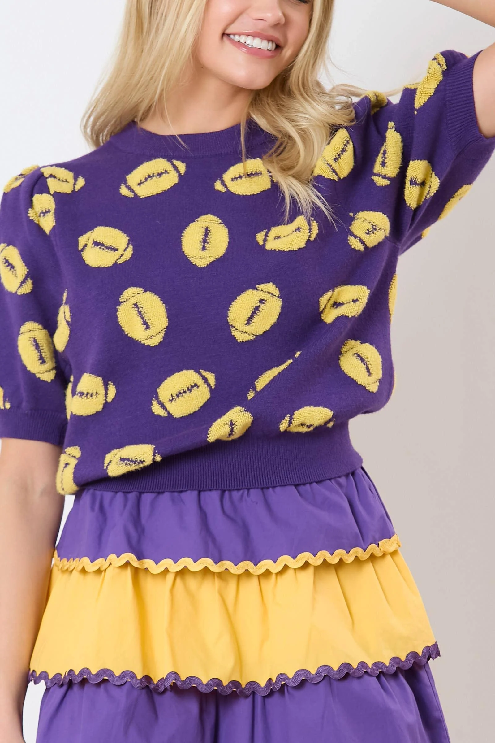 Football Embroidery Puff Sleeve Purple Sweater - Image 6