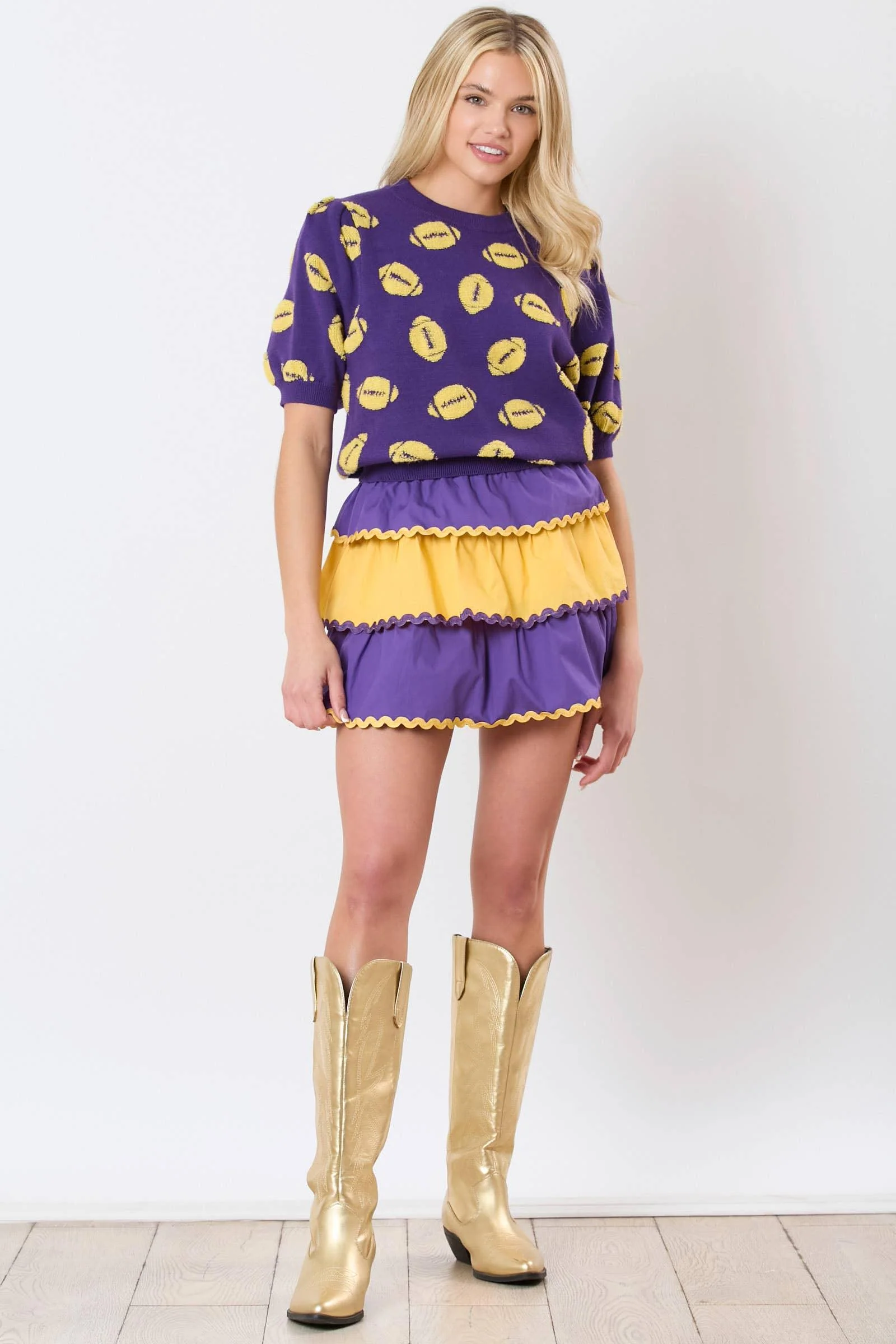 Football Embroidery Puff Sleeve Purple Sweater - Image 7
