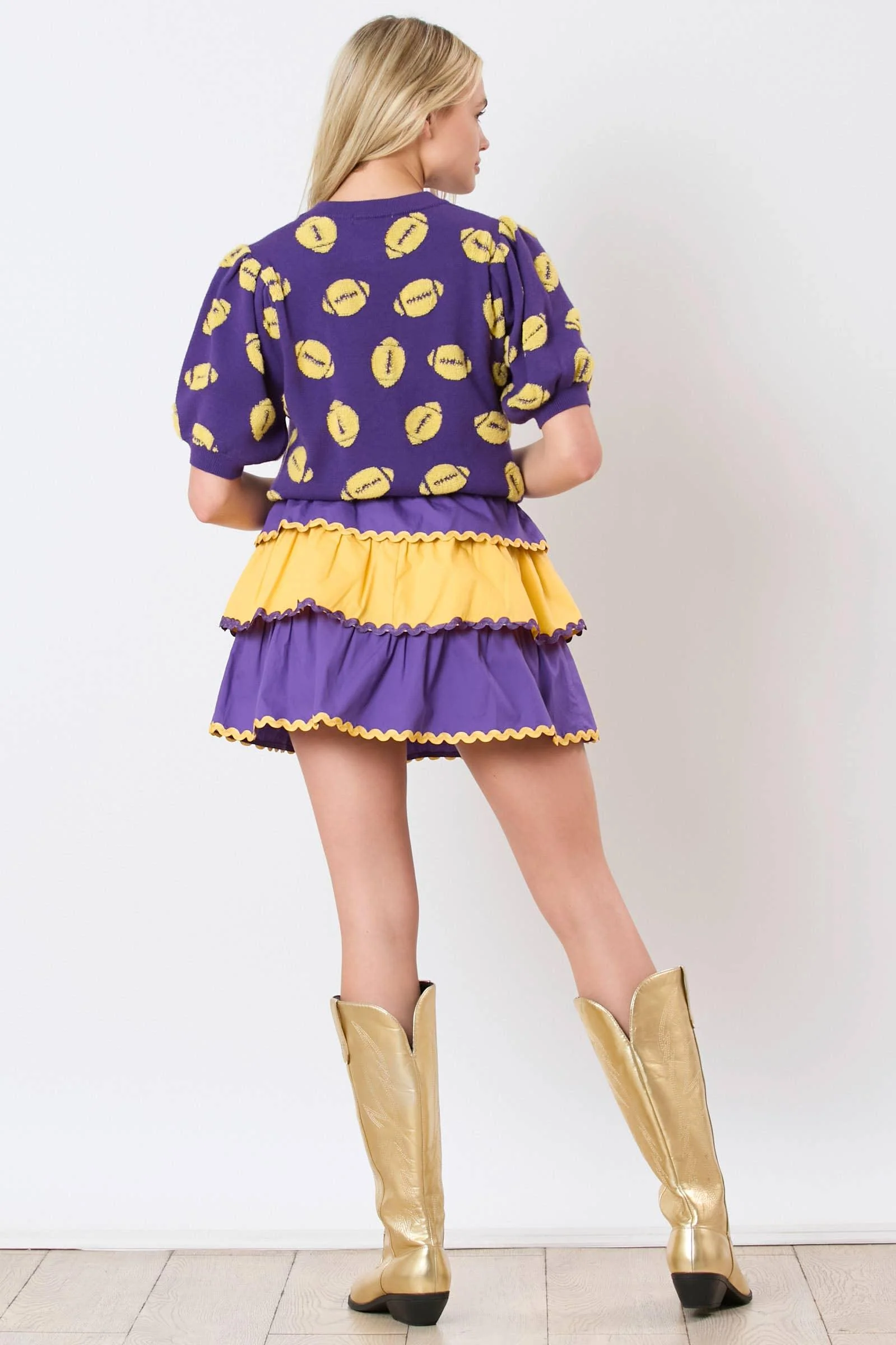 Football Embroidery Puff Sleeve Purple Sweater - Image 8