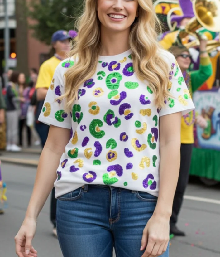 Mardi Gras Leopard Sequin T-Shirt - Image 3