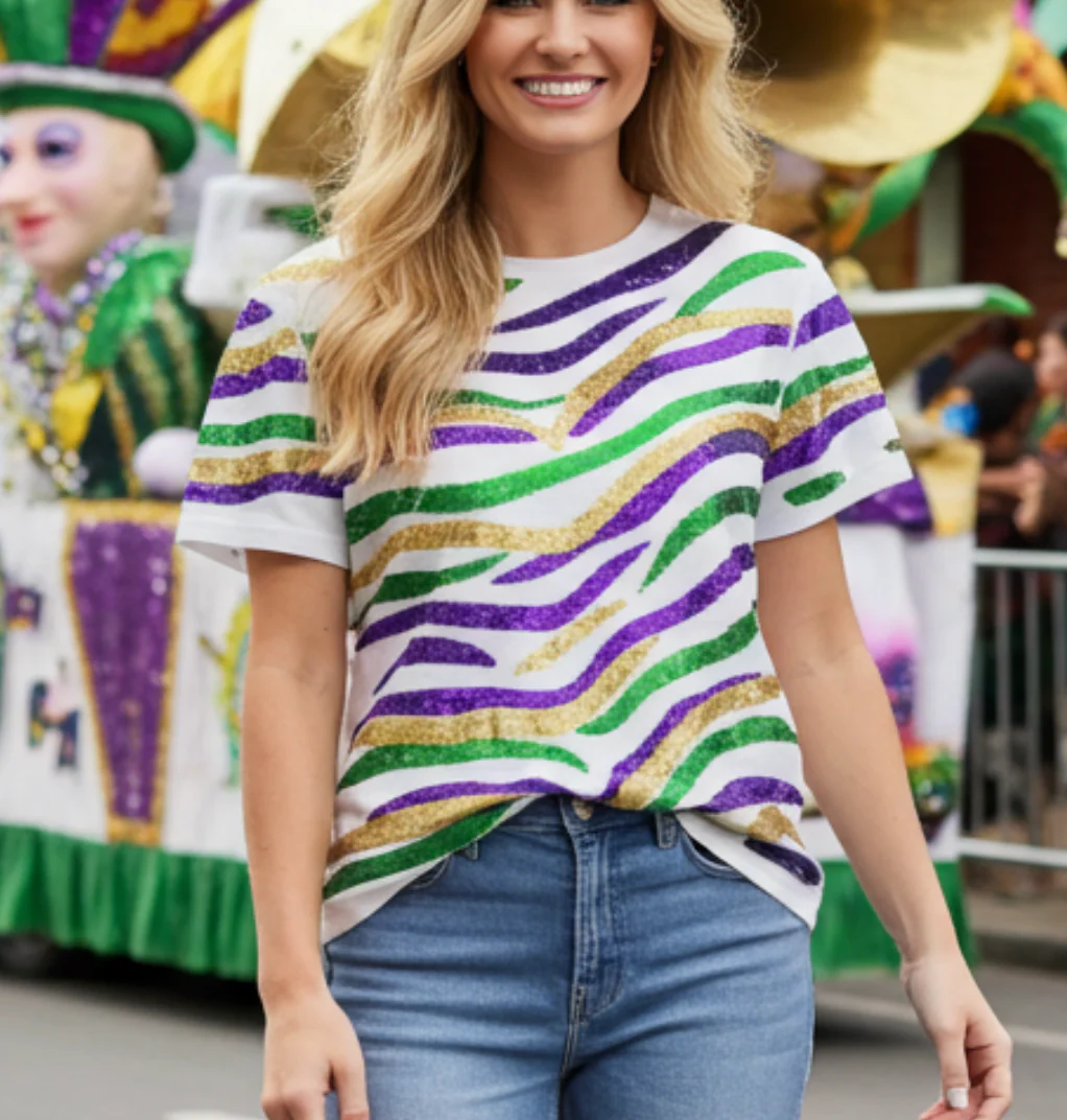 Mardi Gras Tiger Stripe Sequin T-Shirt - Image 5