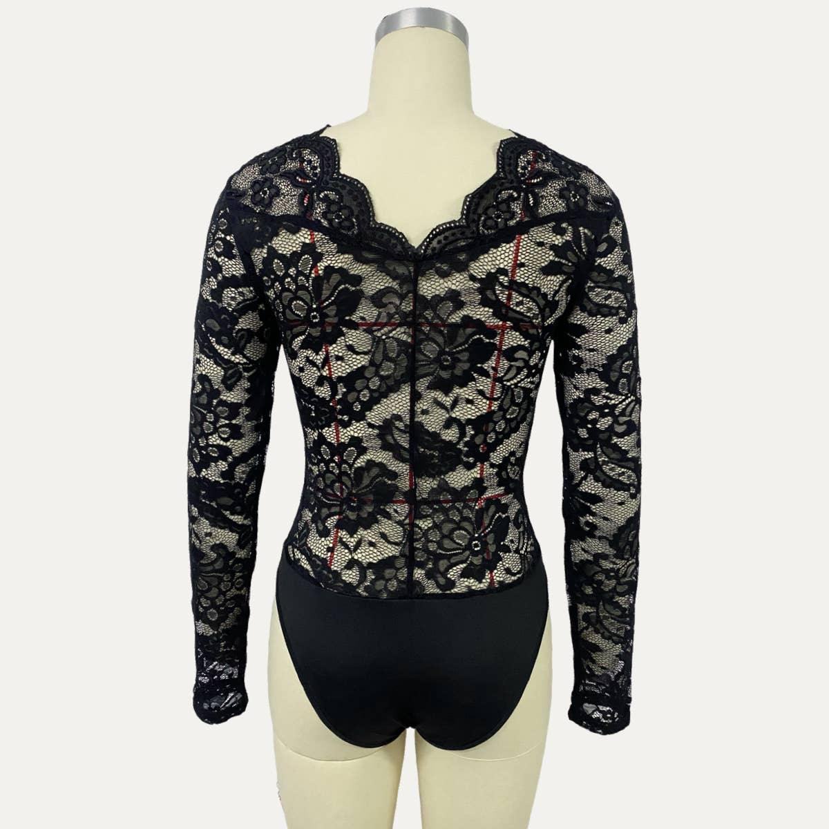 Floral Lace V-Neck Long Sleeve Bodysuit - Image 3