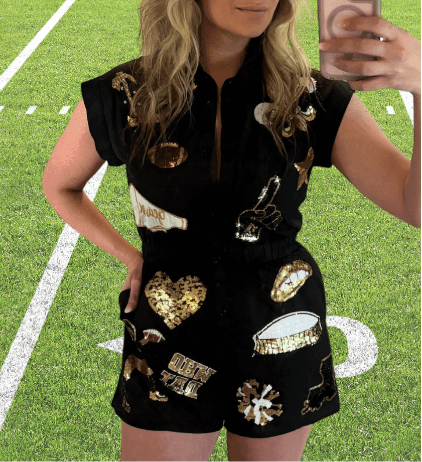 Saints Black & Gold Sequin Game Day Romper - Image 3