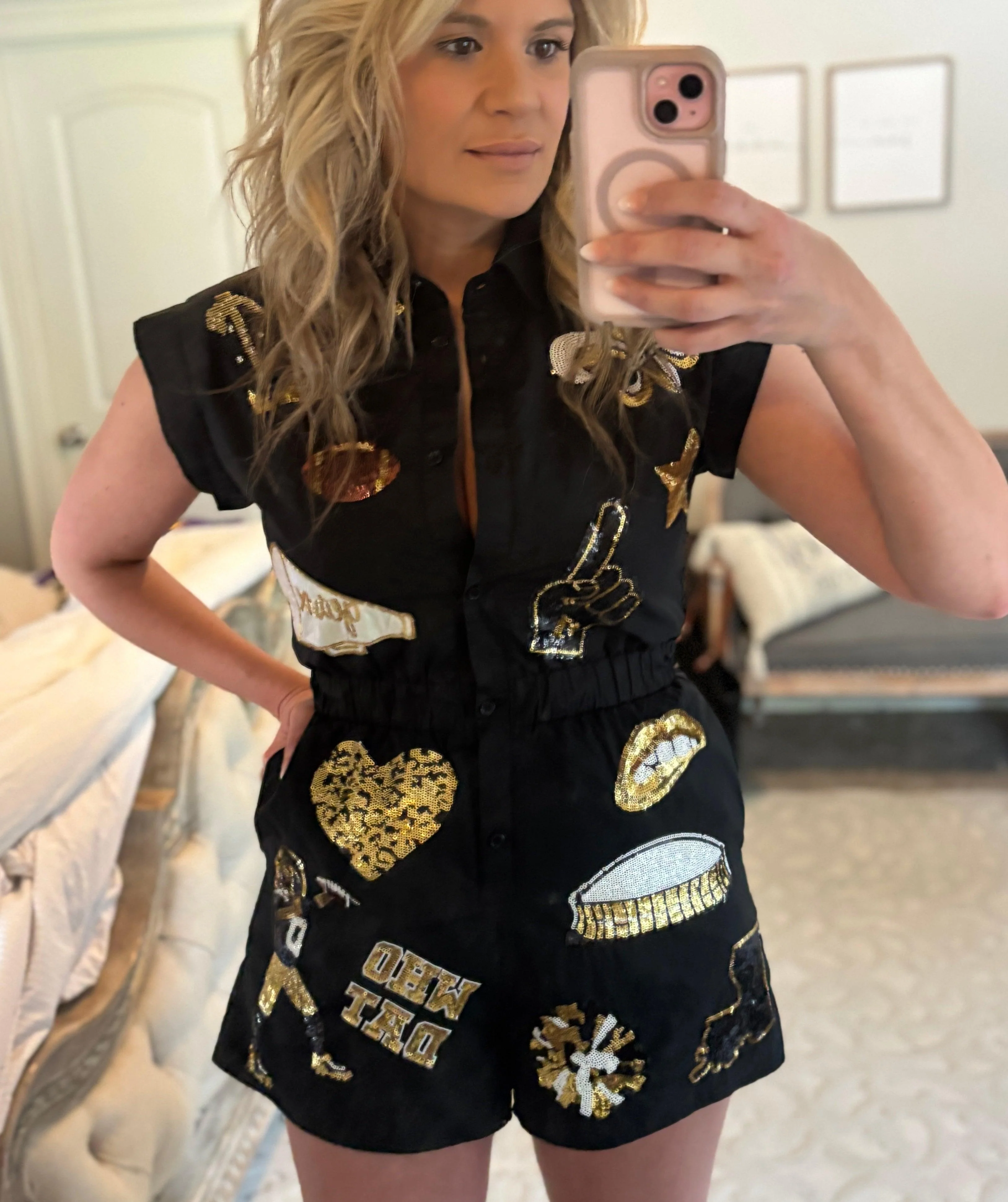 Saints Black & Gold Sequin Game Day Romper - Image 6