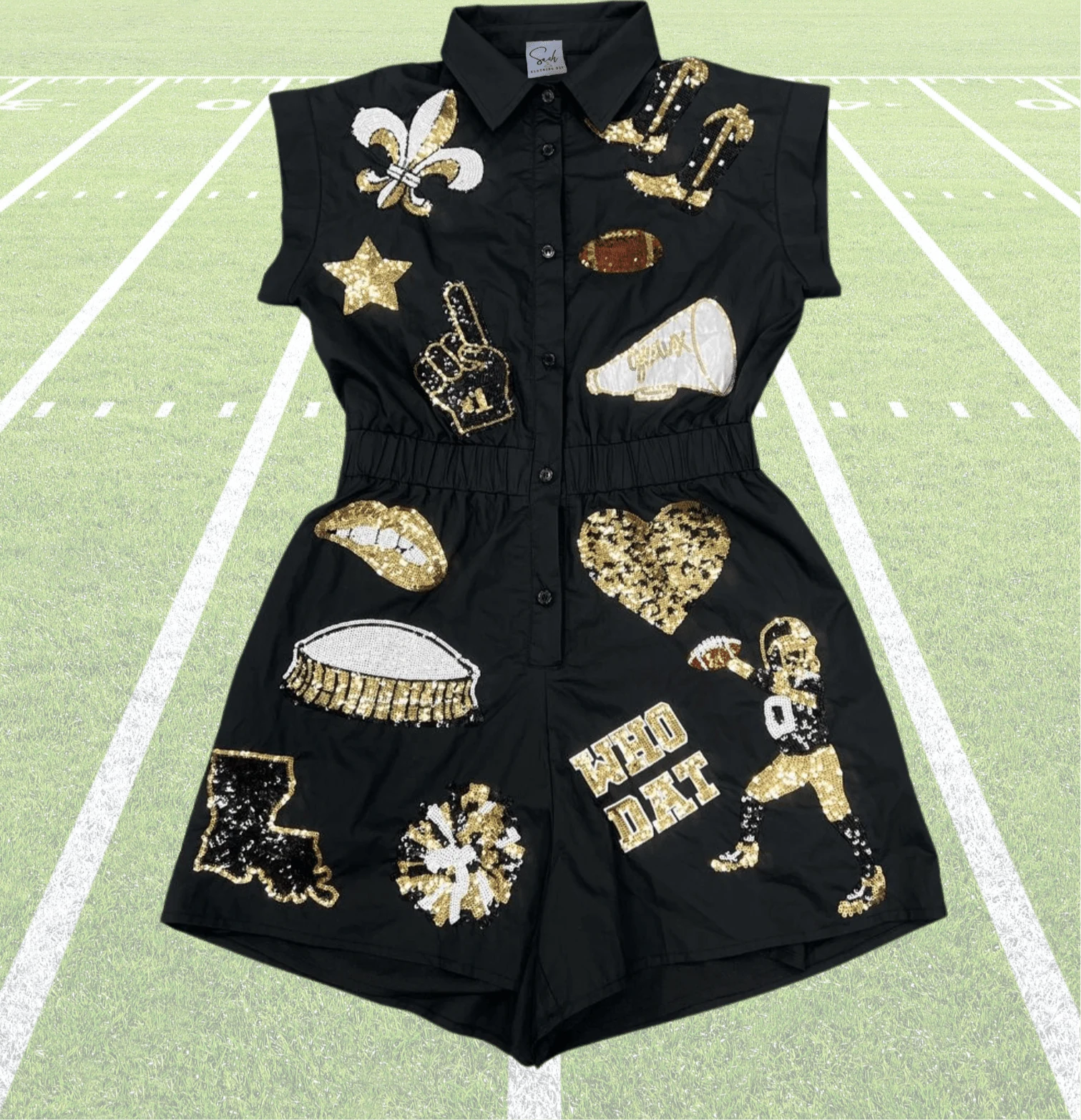 Saints Black & Gold Sequin Game Day Romper - Image 7