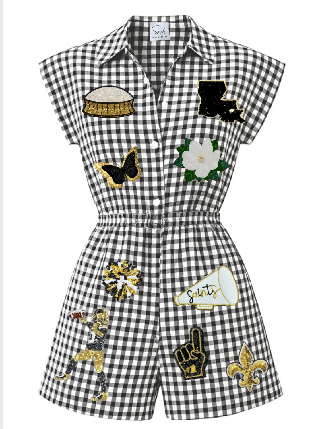 Saints Gingham Black & Gold Sequin Game Day Romper - Image 3