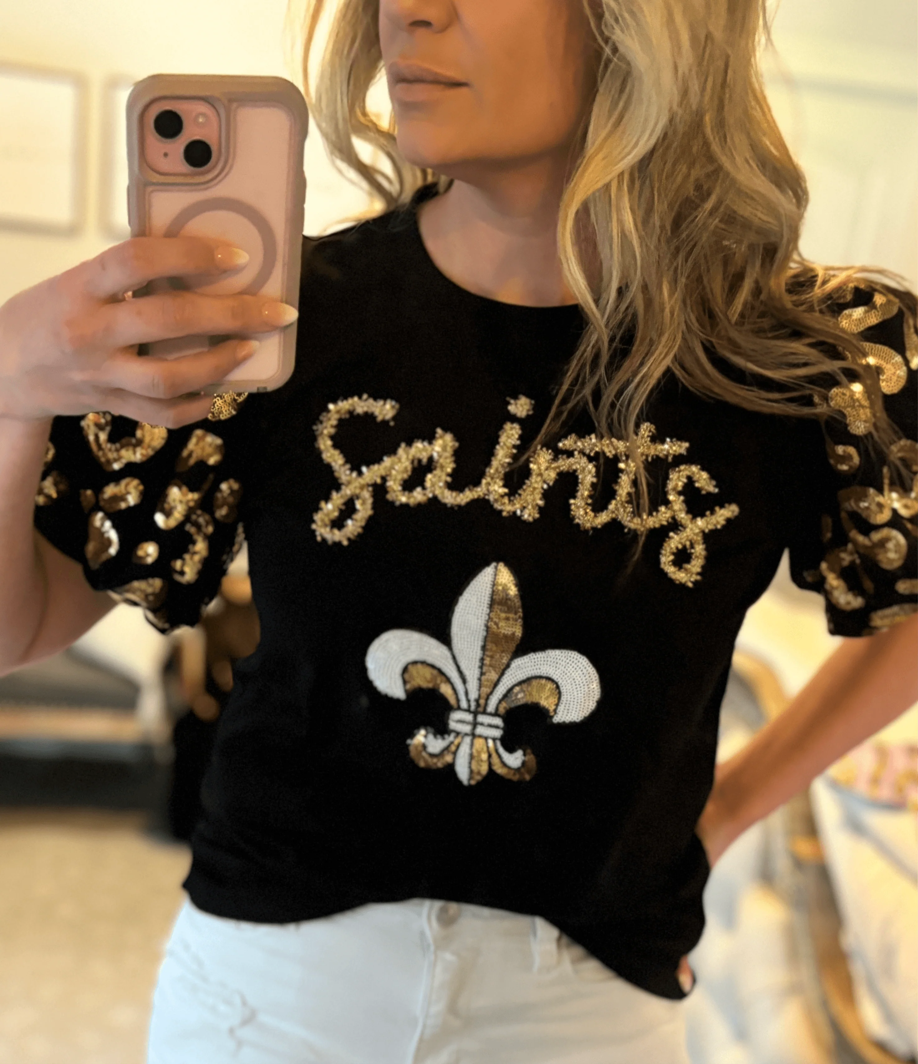 Saints Sequin Game Day Tinsel Script Top - Image 4