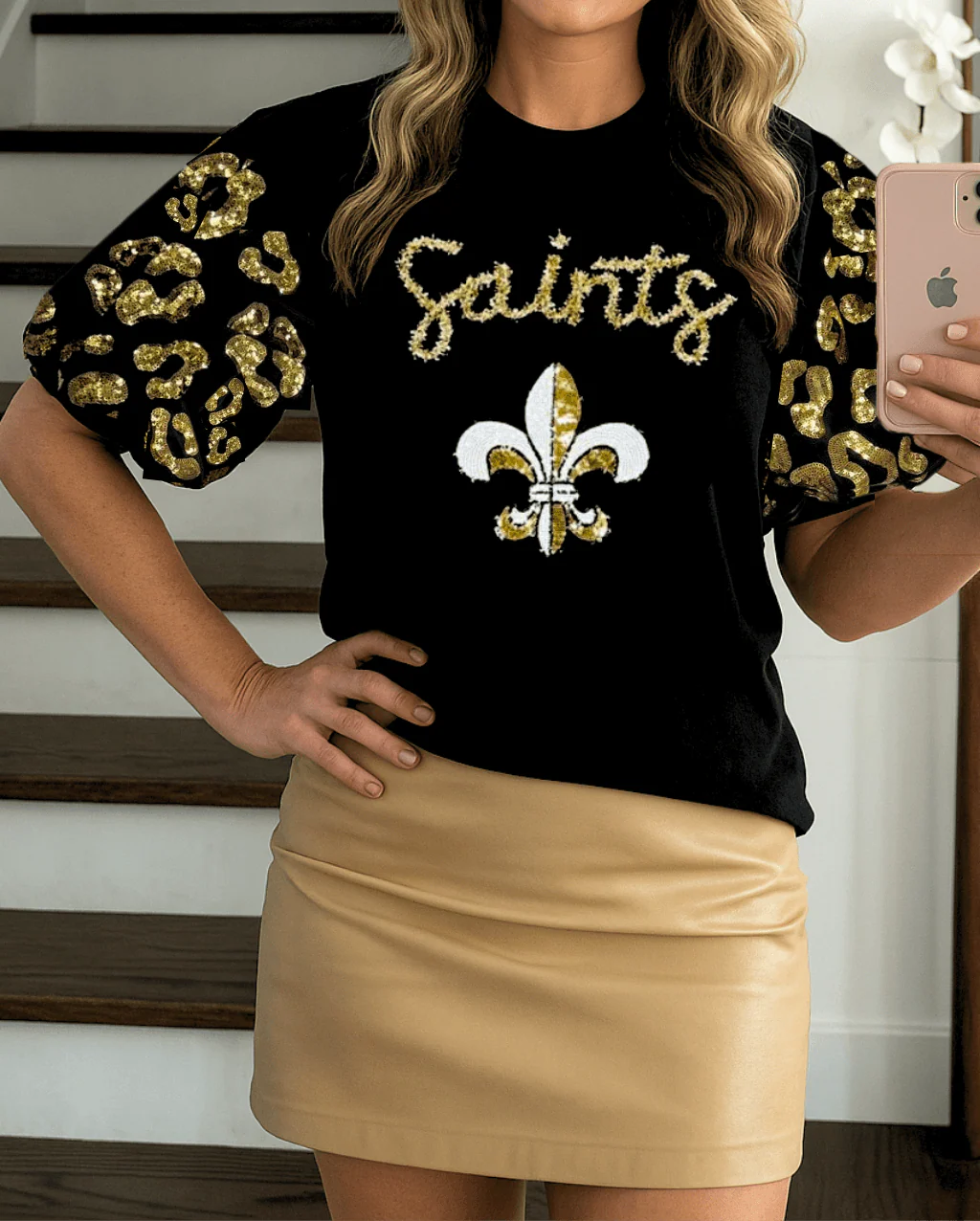 Saints Sequin Game Day Tinsel Script Top - Image 8