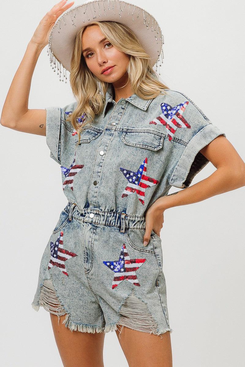 Sequin Star Denim Romper - Image 3