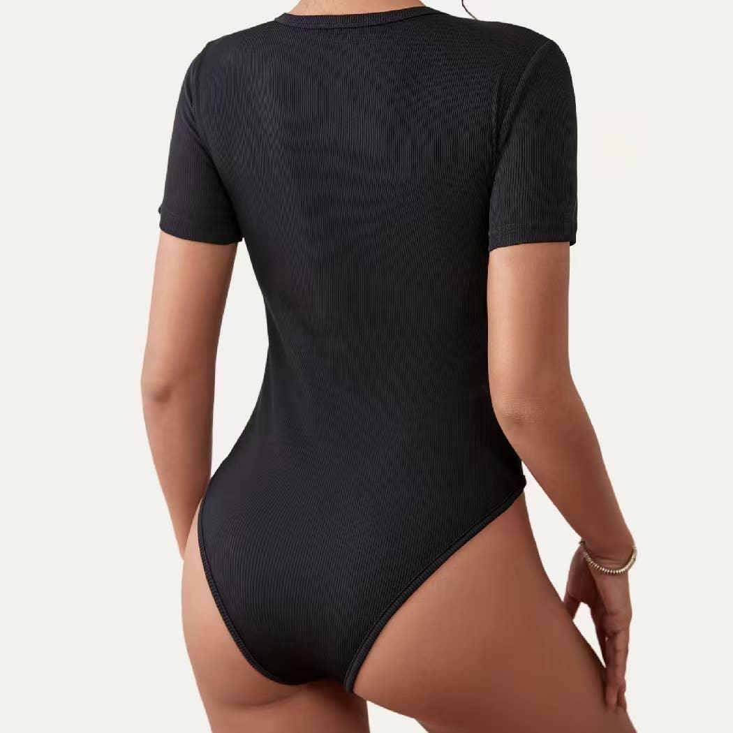 Stretchy Round Neck Ribbed Knit Short Sleeves Bodysuit - Image 4